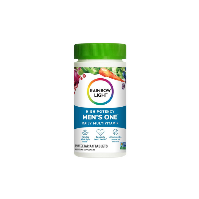 Rainbow Light Mens One, 120 ct, features a green cap and blue label with fruit and vegetable images. This high potency daily multivitamin supports immune function and contains 120 vegetarian tablets.