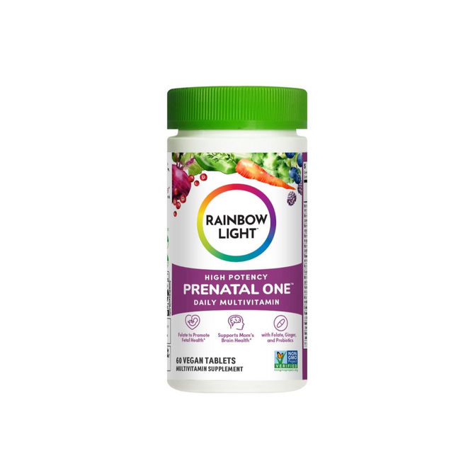 A bottle of Rainbow Light Prenatal One (60 ct) with a green cap and colorful label featuring fruits and vegetables, highlighting its vegan, high-potency, non-GMO formula for pregnancy support.