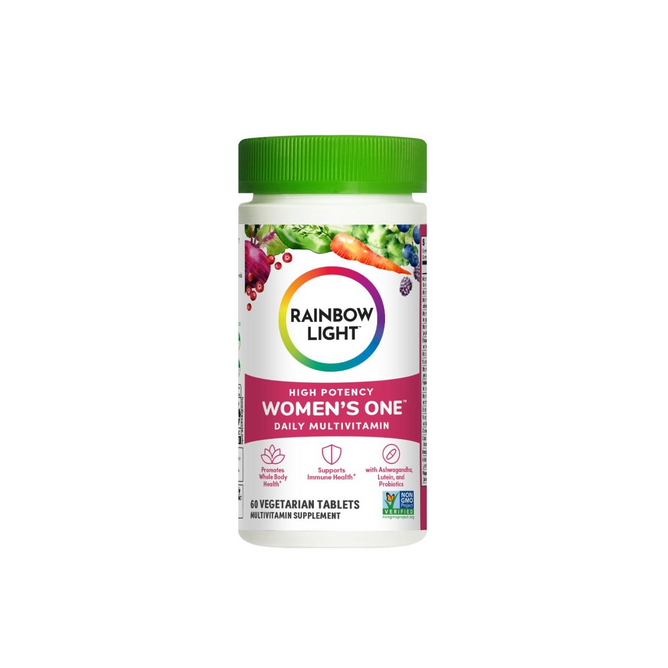 A bottle of Rainbow Light Womens One, 60 ct, with a green cap and colorful fruits and veggies on the label, provides 60 vegetarian tablets to support immune health and brain function.
