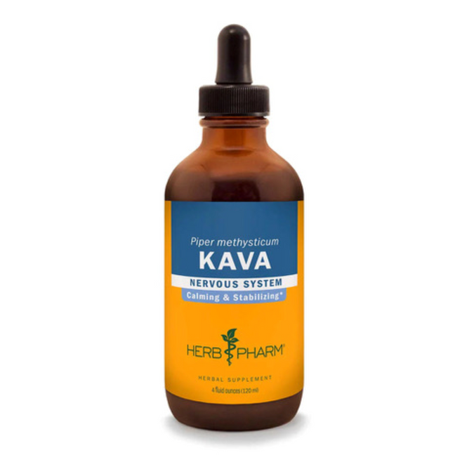 A brown glass dropper bottle labeled Herb Pharm Kava Extract, featuring a blue and yellow label with black dropper cap. Contains kava, traditionally used to calm the nervous system; consult your doctor as rare liver injury may occur.