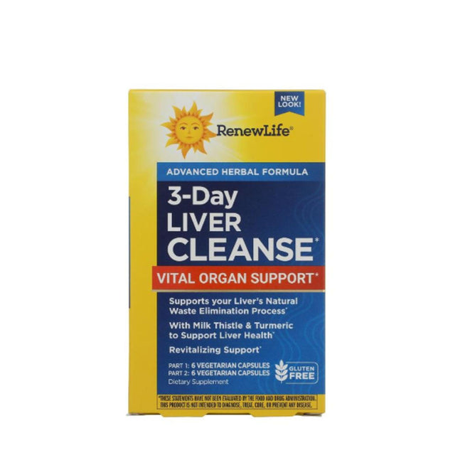 A box of Renew Life 3-Day Liver Cleanse—an advanced herbal formula supporting liver and digestive health with milk thistle, turmeric, and cape aloe. The gluten-free capsules provide natural liver support.