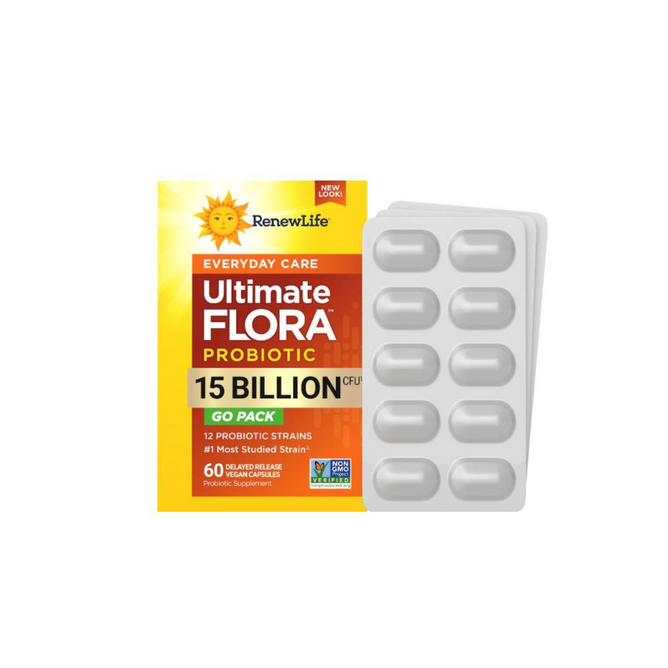 A box of Renew Life Everyday Care Go Pack 15 Billion 12 Strains Delayed Release sits next to a blister pack of ten capsules; the box contains 60 capsules and highlights digestive balance with 12 probiotic strains.