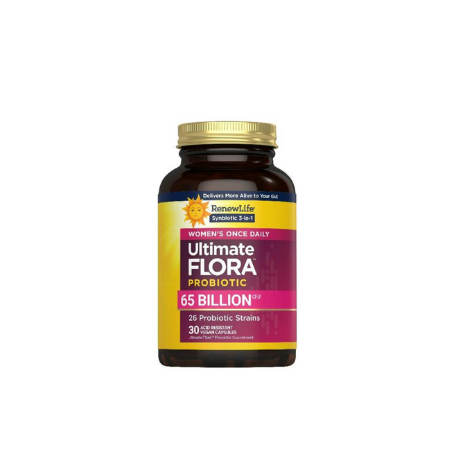 A bottle of Renew Life Womens 65B Probiotic with 65 Billion CFU, 26 strains, and 30 delayed-release capsules containing probiotics and prebiotics is shown on a white background.