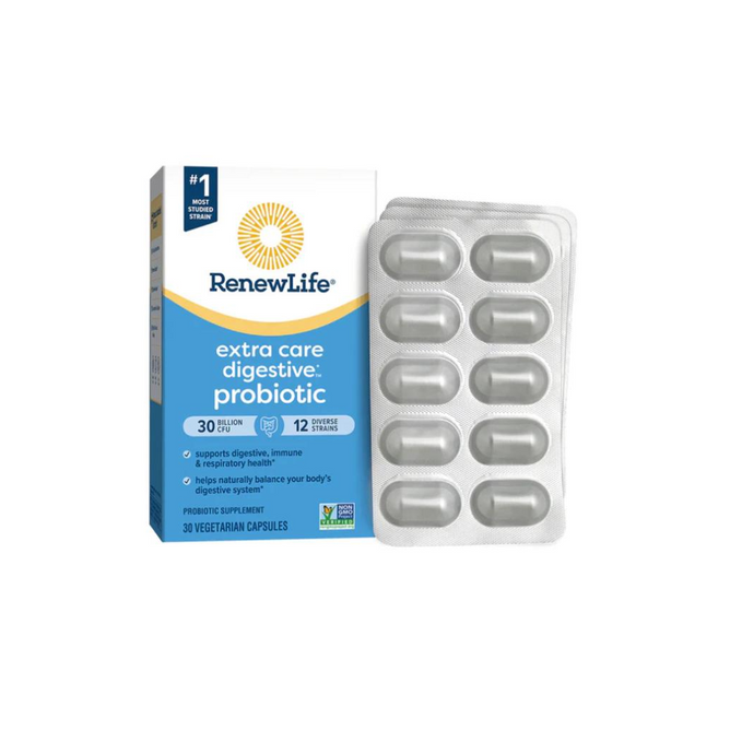 A box of Renew Life Extra Care Go Pack 50 Billion 12 Strains Delayed Release with a blister pack of 10 capsules beside it. The box highlights digestive support, 50 billion live cultures, 12 strains, and contains 30 vegetarian probiotics.