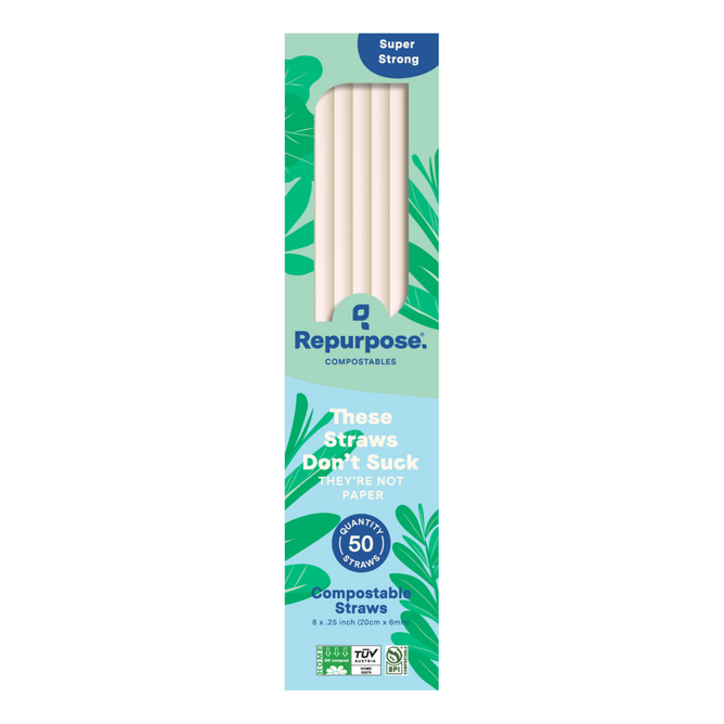 A box of Repurpose Compostable PHA Straws with a clear window reveals 50 white, non-toxic straws. The packaging highlights “Super Strong,” “These Straws Don’t Suck,” and that theyre not made of paper.