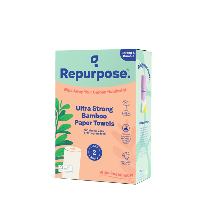 A box of Repurpose Bamboo Paper Towel 2ply, featuring 100 sheets, comes in peach and green packaging that highlights its sustainable and carbon footprint-reducing nature. Its strong, durable, eco-friendly, and perfect for sustainable wiping.