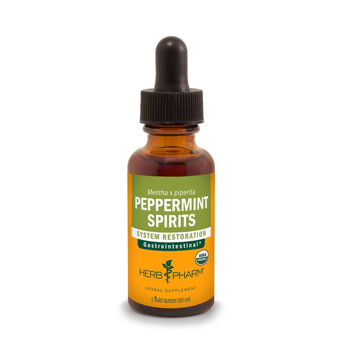 Herb Pharm Peppermint Spirits comes in a brown glass bottle with a black dropper cap and contains 1 fl oz (30 ml) of certified organic peppermint, formulated to support gastrointestinal system restoration.