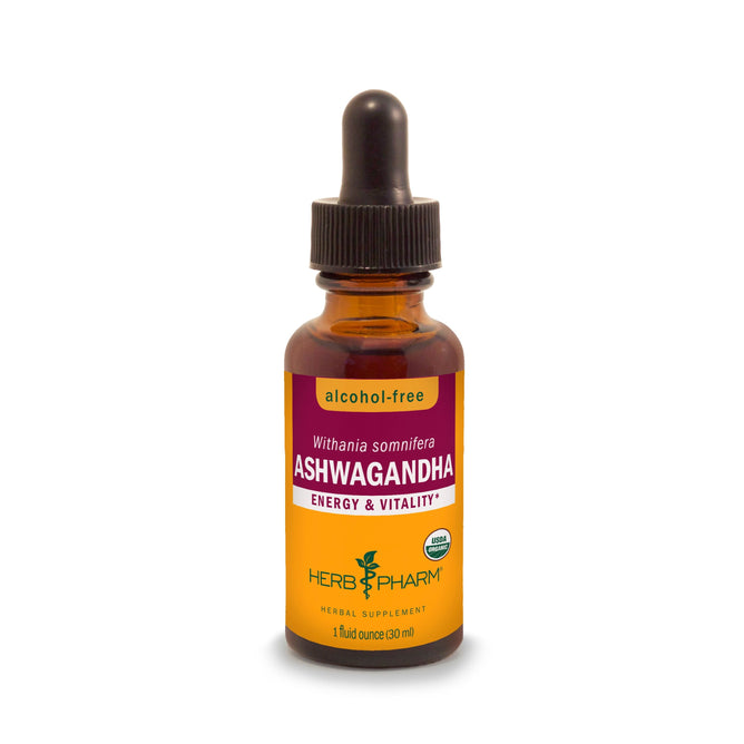 A brown glass dropper bottle labeled Ashwagandha AF by Herb Pharm features a yellow and purple label, highlights alcohol-free, and contains a 1 fl oz (30 ml) herbal supplement for natural energy and vitality.