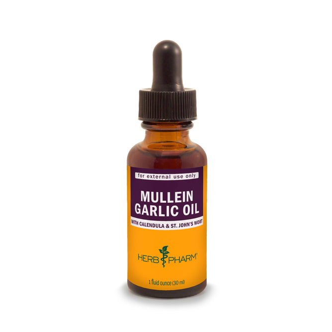 A 1 fl oz (30 ml) brown glass dropper bottle of Herb Pharm Mullein Garlic Oil, labeled for external use only and not recommended for children under 5.