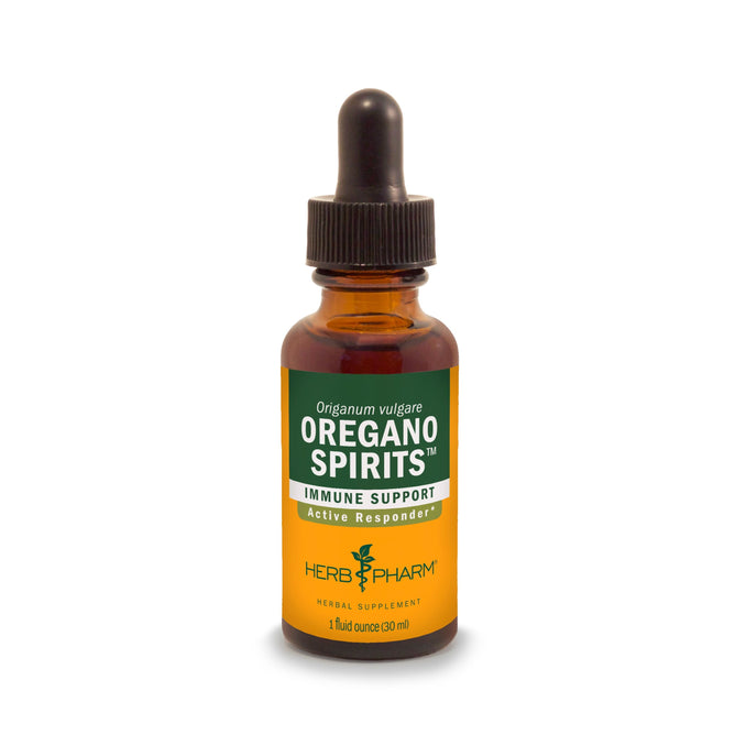 A 1 fl oz (30 ml) brown glass dropper bottle labeled Herb Pharm Oregano Spirits, an herbal supplement made with organic oregano for immune support.