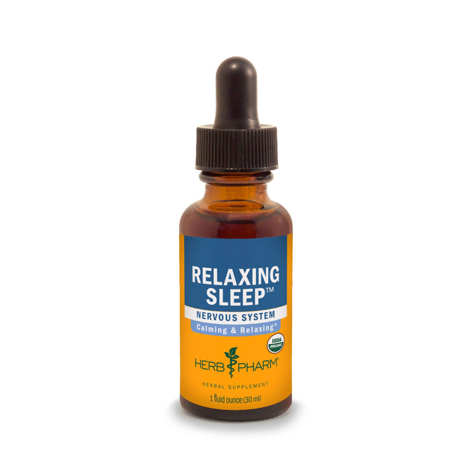 A brown dropper bottle of Relaxing Sleep by Herb Pharm, featuring calming chamomile. The blue and yellow label describes this soothing herbal supplement in a 1 fl oz (30 ml) bottle.