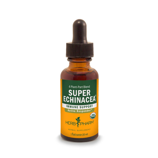 A 1 fl oz (30 ml) brown dropper bottle of Herb Pharm Super Echinacea herbal supplement, featuring a green and orange Certified Organic label and a black dropper cap.