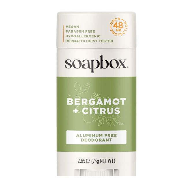 Soapbox Aluminum Free Deodorant in Bergamot + Citrus scent features a green and white label and is vegan, paraben free, hypoallergenic, odor-fighting, and made with pH-balancing magnesium hydroxide.