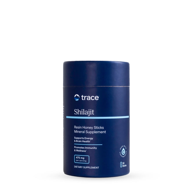 A dark blue cylindrical container labeled Trace Minerals Shilajit Honey Sticks, a mineral supplement with 475 mg per serving in a 0.8 oz size, rich in fulvic acid for energy, brain health, immunity, and wellness, shown against a white background.