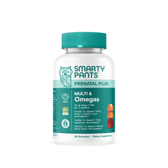 A 120-count bottle of Smarty Pants Prenatal Plus Multi & Omegas features a teal and white label, owl graphic, and provides essential nutrients like omega-3 DHA and methylfolate for expecting moms.