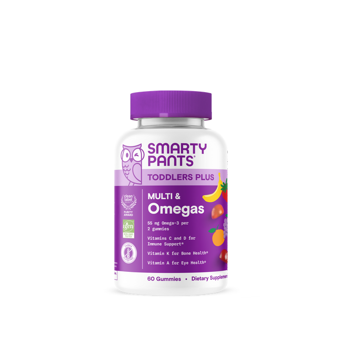A bottle of Smarty Pants Toddler Plus Multi & Omegas 60count toddler multivitamin gummies, with a purple cap and label featuring fruit images, contains 60 gummies.