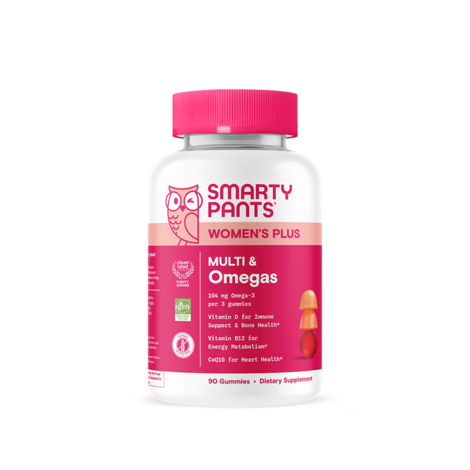 A 90-count bottle of Smarty Pants Womens Plus Multi & Omegas features a pink label and an image of three gummies, with omega-3 support for hair, skin, and nails.