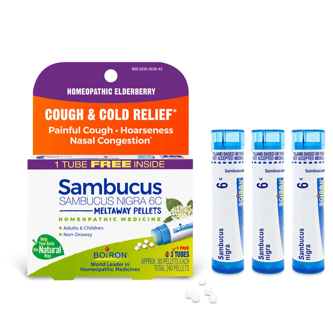 A Boiron Sambucus Nigra 6C Bonus Pack for cough and cold relief, featuring the box and four tubes of homeopathic elderberry meltaway pellets with some pellets spilled in front.