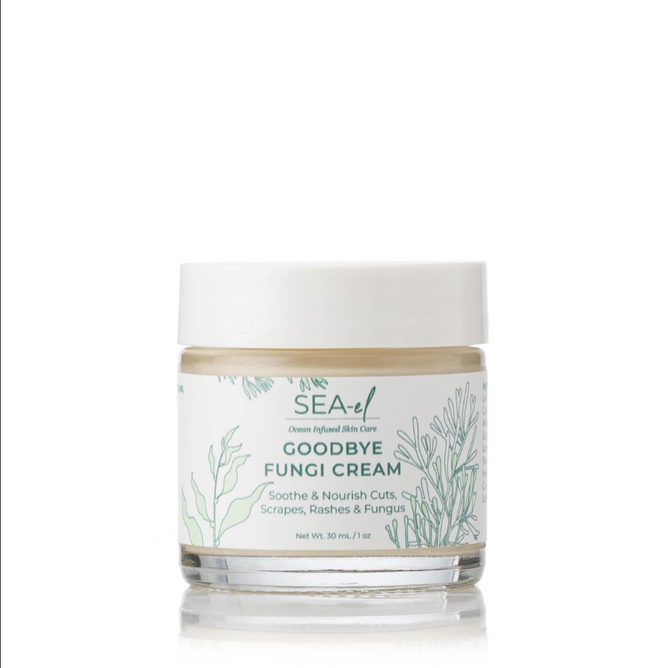 A clear jar of Sea-el Goodbye Fungi Cream with a white lid and green botanical label, featuring natural antifungal ingredients to soothe cuts, scrapes, rashes, and support healthy skin.