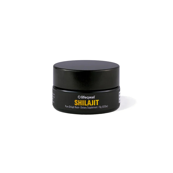 A small black jar labeled Lifecykel Shilajit Pure Resin 15g (0.53oz), a dietary supplement known for vitality support, is centered on a white background.