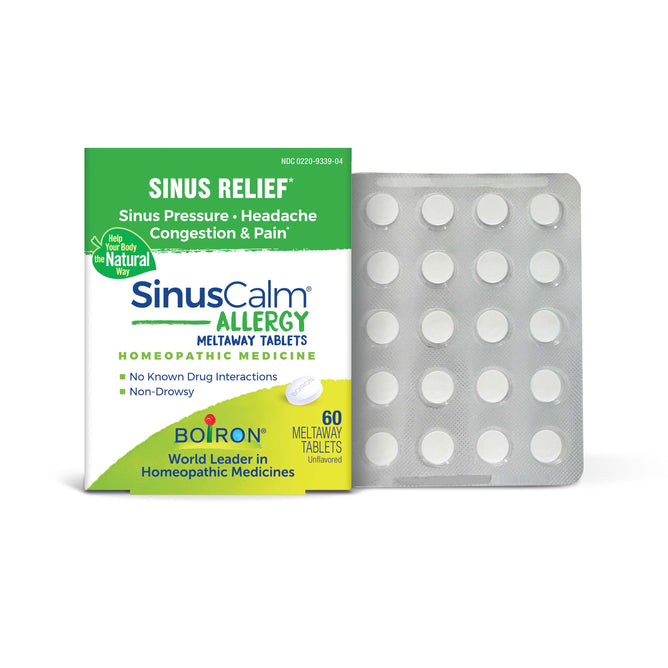 A box of Boiron SinusCalm Allergy Tablets for sinus congestion relief is shown beside a blister pack of 20 round white tablets. The packaging notes it’s a natural, non-drowsy homeopathic medicine.