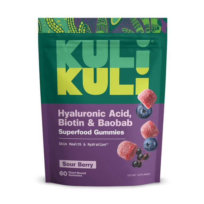 A vibrant Kuli Kuli Foods pouch labeled Berry Beautiful SuperGummies features a sour berry flavor with blueberries, black currants, and a superfood blend for skin health. Each package contains 60 gummies.