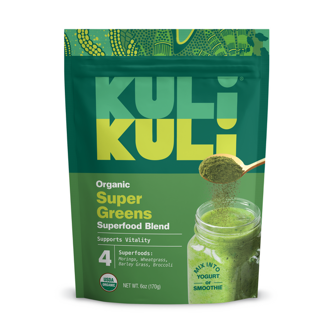 A pouch of Kuli Kuli Foods Green Power Organic Super Greens Blend features 4 superfoods, including moringa. Green powder is poured into a glass jar; the packaging suggests mixing it with yogurt or smoothies.