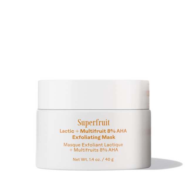 A white jar of Three Ships Superfruit Lactic + Multifruit 8% AHA Exfoliating Mask sits against a white background. Infused with fruit-based AHAs, this gentle exfoliating mask comes in a 1.4 oz / 40 g size.