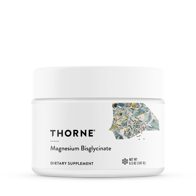 A 6.6 oz (187 g) container of Thorne Magnesium Bisglycinate supplement in a white bottle features a modern abstract design with blue, green, and gray shades; designed to address magnesium deficiency.