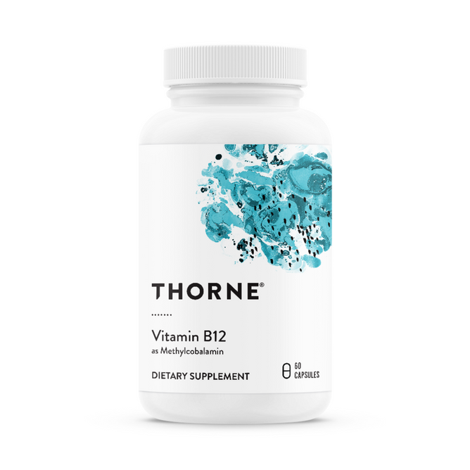 A white bottle labeled Thorne Vitamin B12, featuring an abstract blue and teal design, contains 60 capsules of Methylcobalamin to support cardiovascular function.