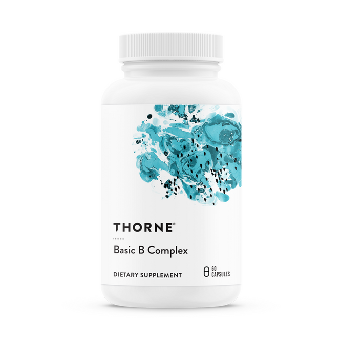 Thornes Basic B Complex comes in a white bottle featuring an abstract blue and black splash design. It contains 60 capsules that support cellular energy and a healthy nervous system with its rich B vitamins.