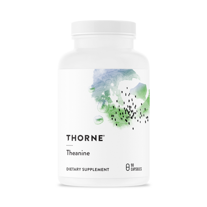A Thorne Theanine supplement, in a white bottle with green and blue abstract watercolor artwork on the label, contains 90 capsules of L-theanine to support optimal brain wave function.