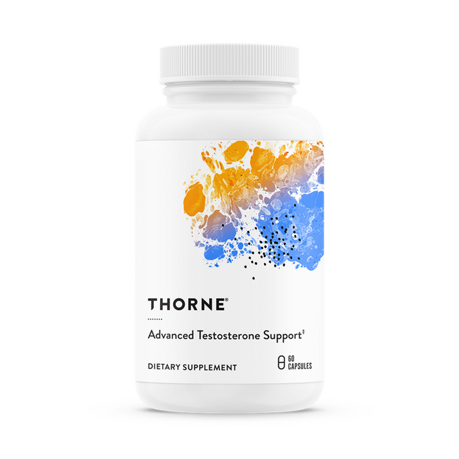 A Thorne Advanced Testosterone Support supplement bottle features vibrant abstract artwork with orange, blue, and black splashes. It contains 60 capsules, supports testosterone levels naturally, and includes Shilajit.
