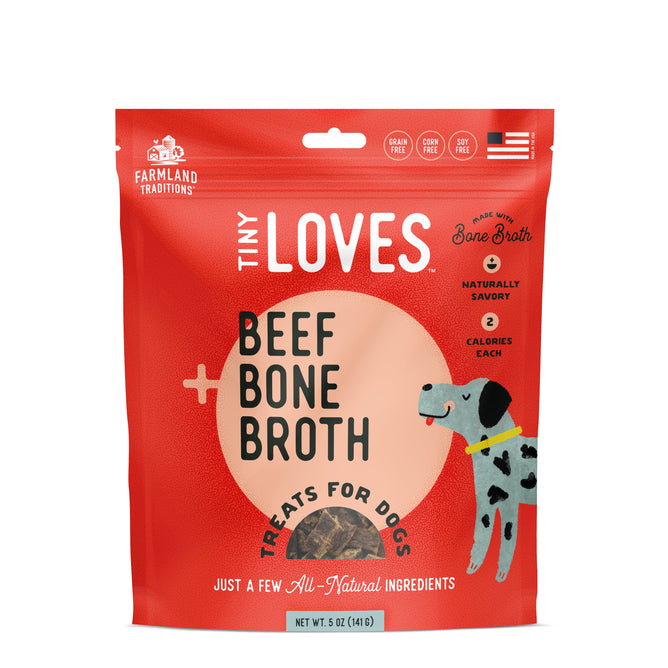A red pack of Farmland Traditions Tiny Loves - Beef with Bone Broth Treats features a cartoon dog in a blue collar. These grain-free, corn-free, soy-free, all-natural jerky treats are ideal for dog training or as a food topper.