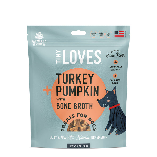 Tiny Loves - Turkey & Pumpkin with Bone Broth by Farmland Traditions offers 2-calorie, grain-free jerky treats in a blue and orange pouch, adorned with a dog illustration. Made in the USA, theyre perfect for training sessions and free from grains, corn, and soy.