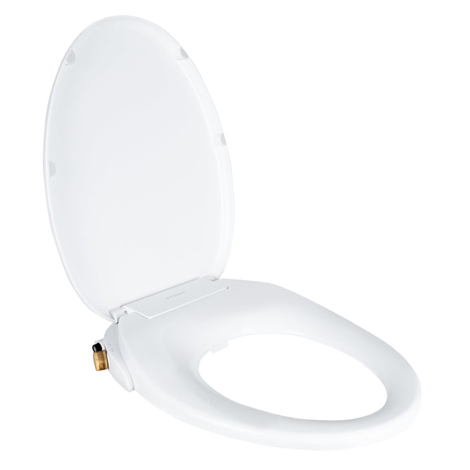 The TUSHY Wave Non-Electric Bidet Bamboo is shown open with a lid, featuring a metal attachment fitting on the left for easy installation. Its clean, glossy surface adds style and hygiene to any bathroom routine.
