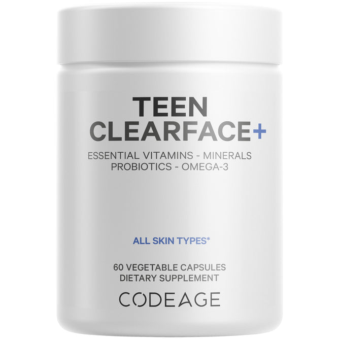 The white Teen Clearface container from Codeage, for all skin types, includes teen face vitamins, minerals, probiotics, and vegan omega-3. The label highlights 60 vegetable capsules.