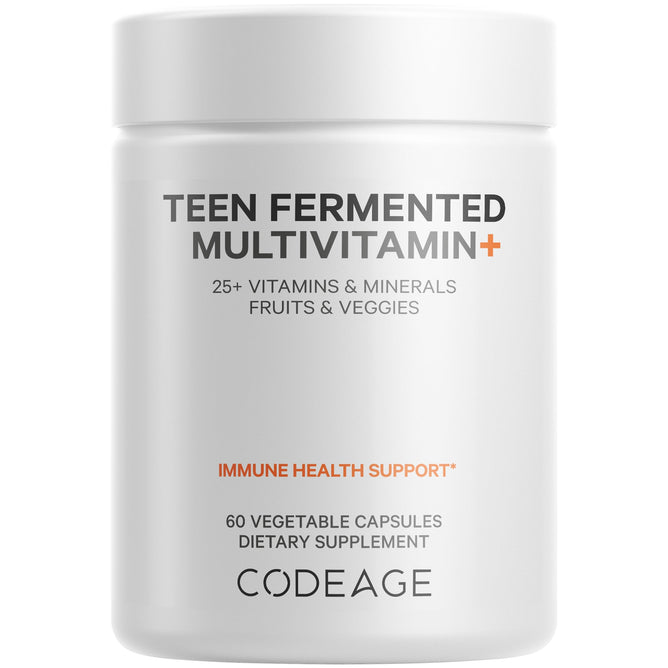 Codeages Teens Fermented Multivitamin contains 60 vegetable capsules rich in 25+ vitamins, minerals, fruits, veggies, and immune support for youthful vitality.