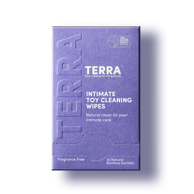 A purple box labeled Terra Intimate Toy Cleaning Wipes, Individually Wrapped. Includes 30 natural bamboo, biodegradable, fragrance-free sachets offering gentle, premium antibacterial care for intimate needs. Eco-friendly and convenient for on-the-go use.