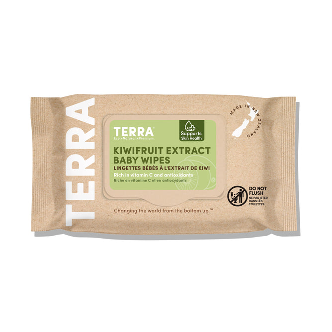 The eco-friendly brown package of Terra Baby Wipes - Kiwi Fruit features a green label with white text, advises against flushing, highlights natural moisturizing benefits, and indicates its made in China.