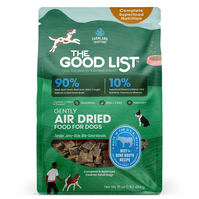 A green bag of The Good List by Farmland Traditions Beef & Bone Broth Recipe, Food, Topper, and Mixer for Dogs, featuring 90% animal ingredients, 10% superfoods, and playful dog illustrations on the packaging.