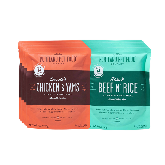 Portland Pet Food Companys Originals Dog Meal Variety is displayed with Tuxedo’s Chicken & Yams (orange label) and Rosie’s Beef N’ Rice (teal label). These shelf-stable meals are grain and gluten-free, using upcycled ingredients for human-grade quality, in 9 oz pouches as a meal or topper.