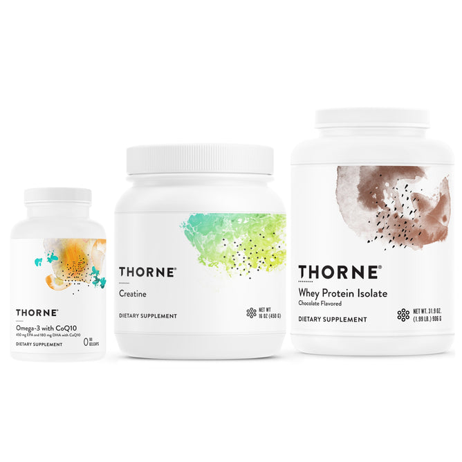 Three Thorne Mens Health Set supplement containers with white labels and colorful watercolor designs are neatly displayed against a clean white background.