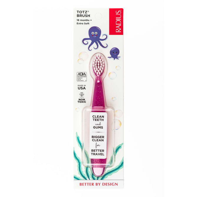 The Radius Totz Toothbrush 18 mo+ is an extra soft, BPA-free toddler toothbrush in pink with an octopus and seaweed design. Made in the USA, its perfect for kids 18 months and up.