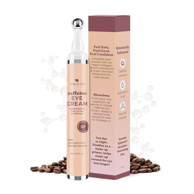 The Tree To Tub Revitalizing Caffeine Eye Cream for Puffiness and Dark Circles, with a metallic-tipped dispenser, sits gracefully beside its box. Hyaluronic acid and peptides boost benefits while scattered coffee beans hint at its promise to reduce dark circles.