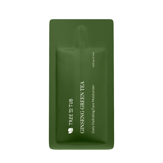 A green sachet labeled Tree To Tub Deep Hydrating Moisturizer for Sensitive Skin with Green Tea, 0.05 fl oz/1.5 ml, features white text on a plain background.