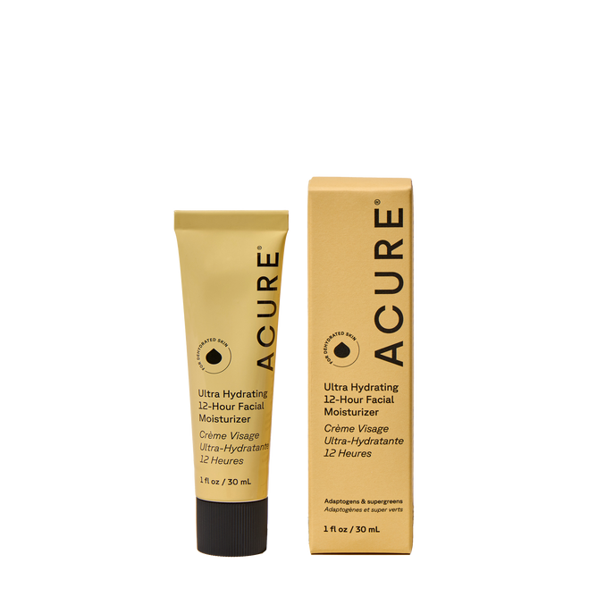 A yellow tube and box of Acure Ultra Hydrating 12 Hour Facial Moisturizer, with minimalist black text. This antioxidant-rich formula offers intense hydration. Size: 1 fl oz (30 ml).