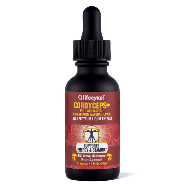A 1 fl oz brown glass dropper bottle of Lifecykel Cordyceps+ Liquid Double Extract, featuring wild-harvested cordyceps with Kakadu Plum flavor, designed to support energy and stamina.
