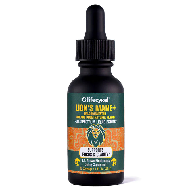 A black dropper bottle of Lions Mane+ Liquid Double Extract by Lifecykel, featuring U.S. grown Lions Mane mushrooms, wild harvested Kakadu Plum flavor, and supporting focus and clarity. 1 fl oz.