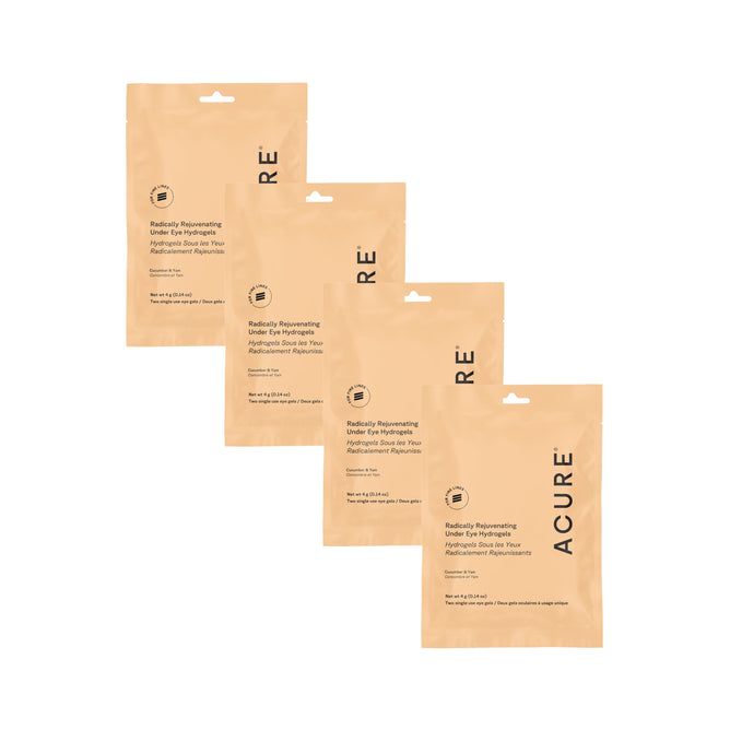 Four tan Acure Radically Rejuvenating Under Eye Hydrogel Mask packets are arranged in a staggered row against a white background, each displaying product information on the front.